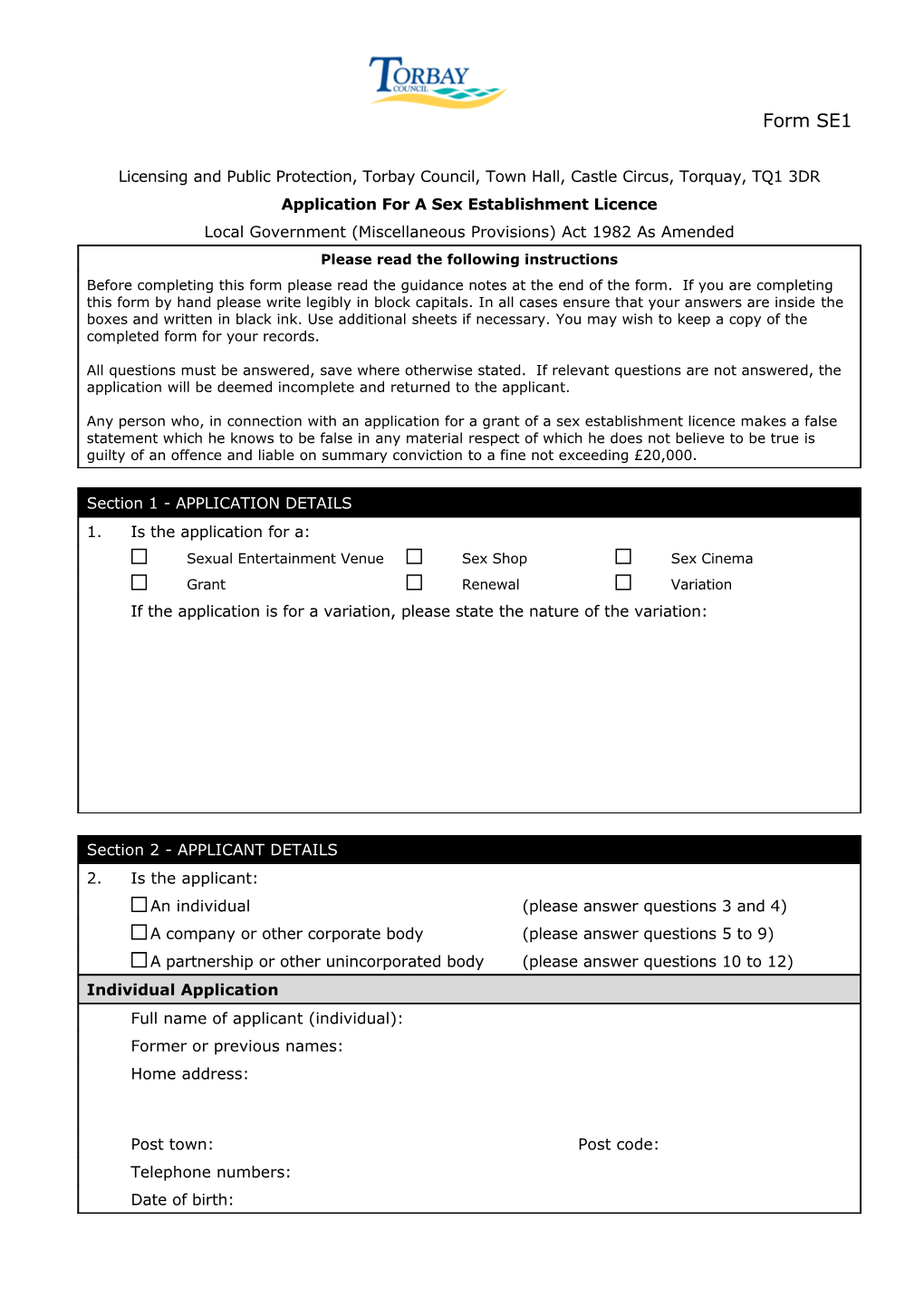 SE1 - Grant of a Sex Establishment Licence