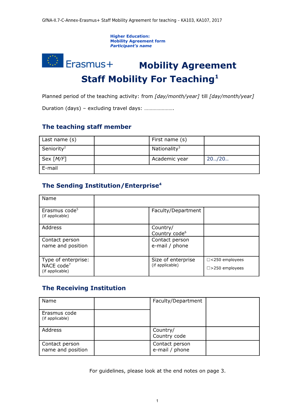 Gfna-II.7-C-Annex-Erasmus+ Staff Mobility Agreement for Teaching KA103, KA107, 2017