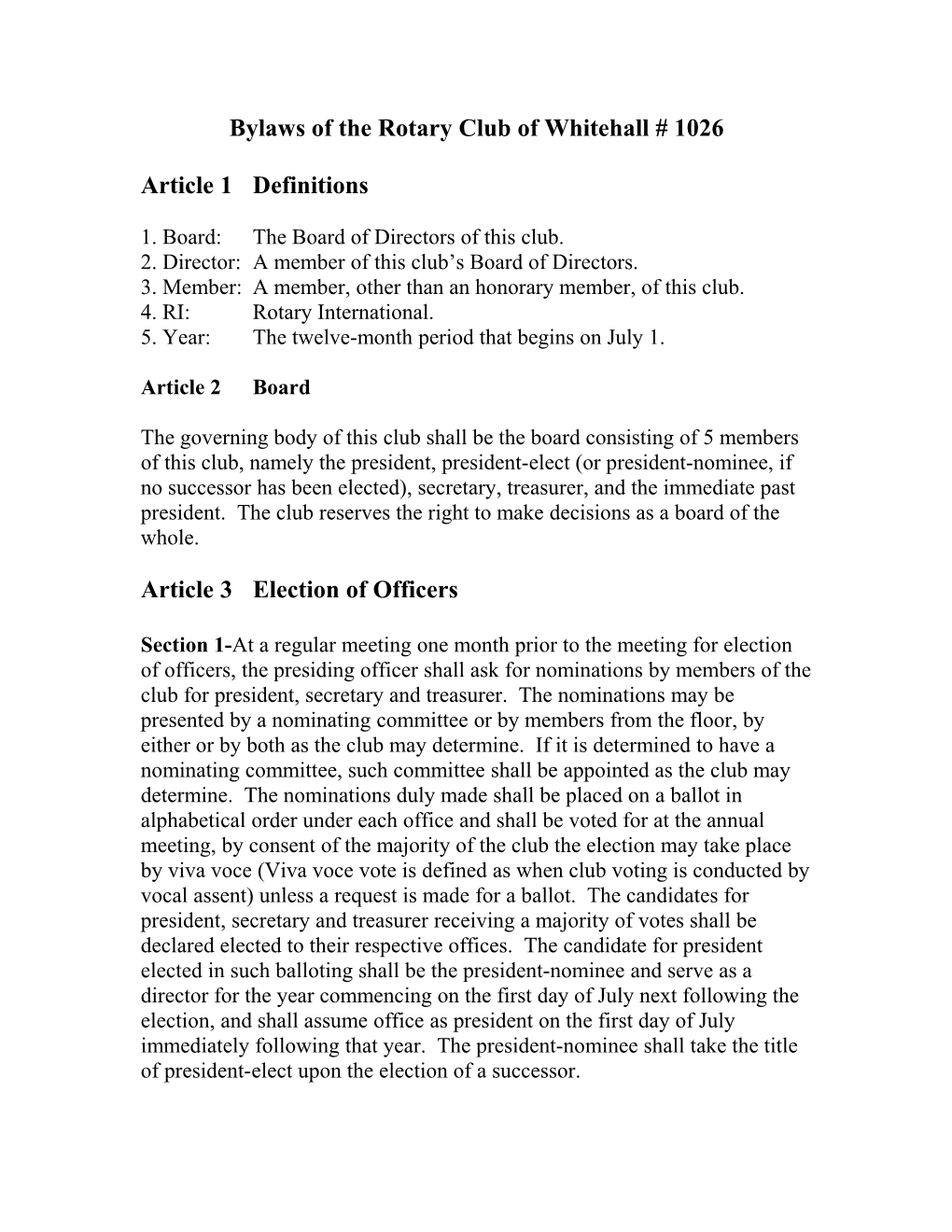 Bylaws of the Rotary Club of Whitehall # 1026