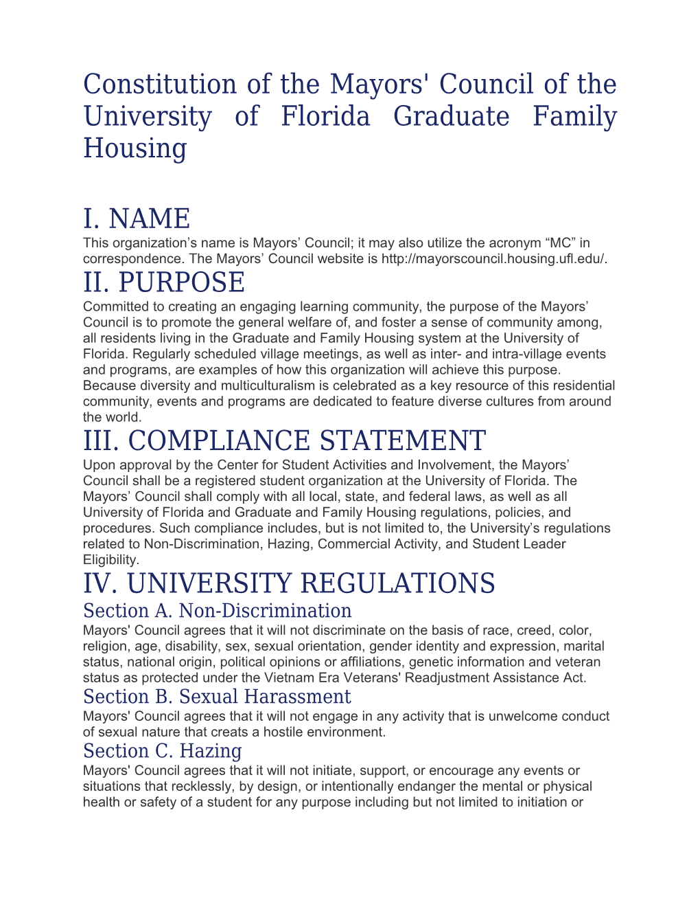 Constitution of the Mayors' Council of the University of Florida Graduate Family Housing