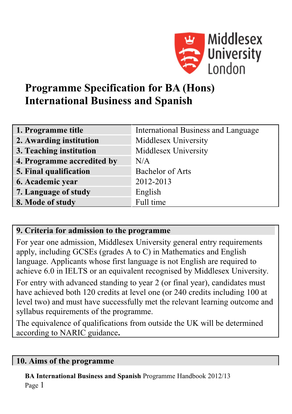 Programme Specification for BA (Hons) International Business and Spanish