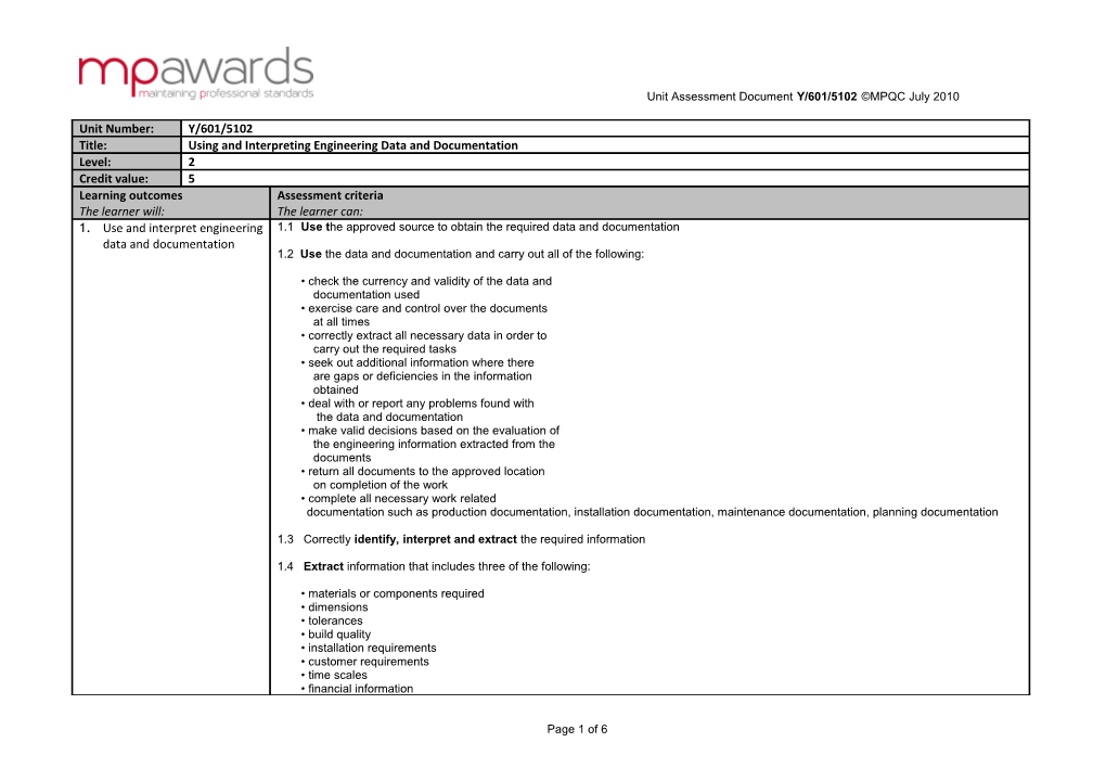 Unit Assessment Documenty/601/5102 MPQC July 2010