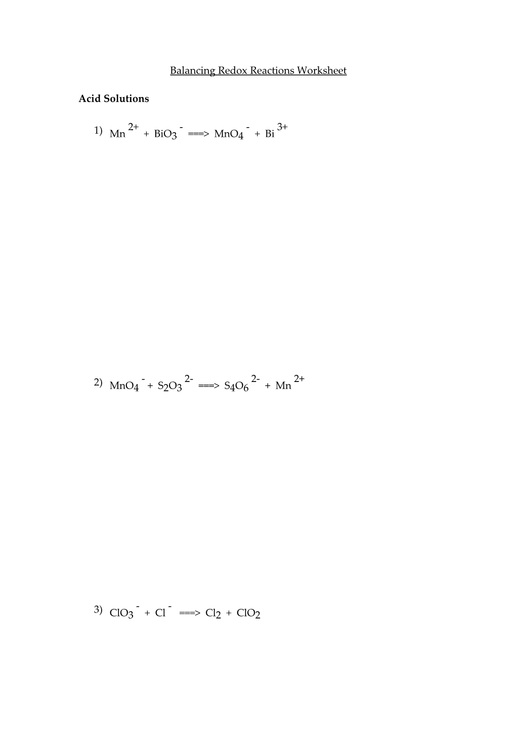 Balancing Redox Reactions Worksheet