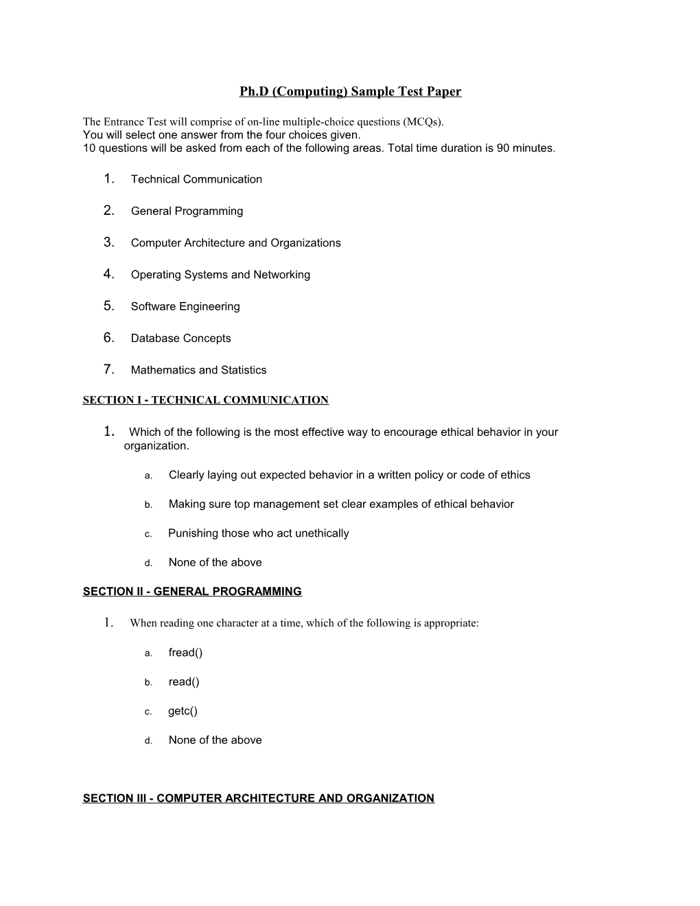 Ph.D (Computing) Sample Test Paper