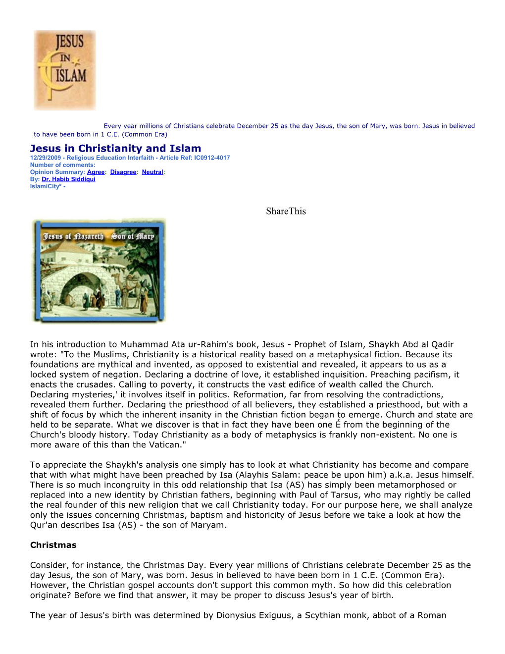 Jesus in Christianity and Islam 12/29/2009 - Religious Education Interfaith - Article