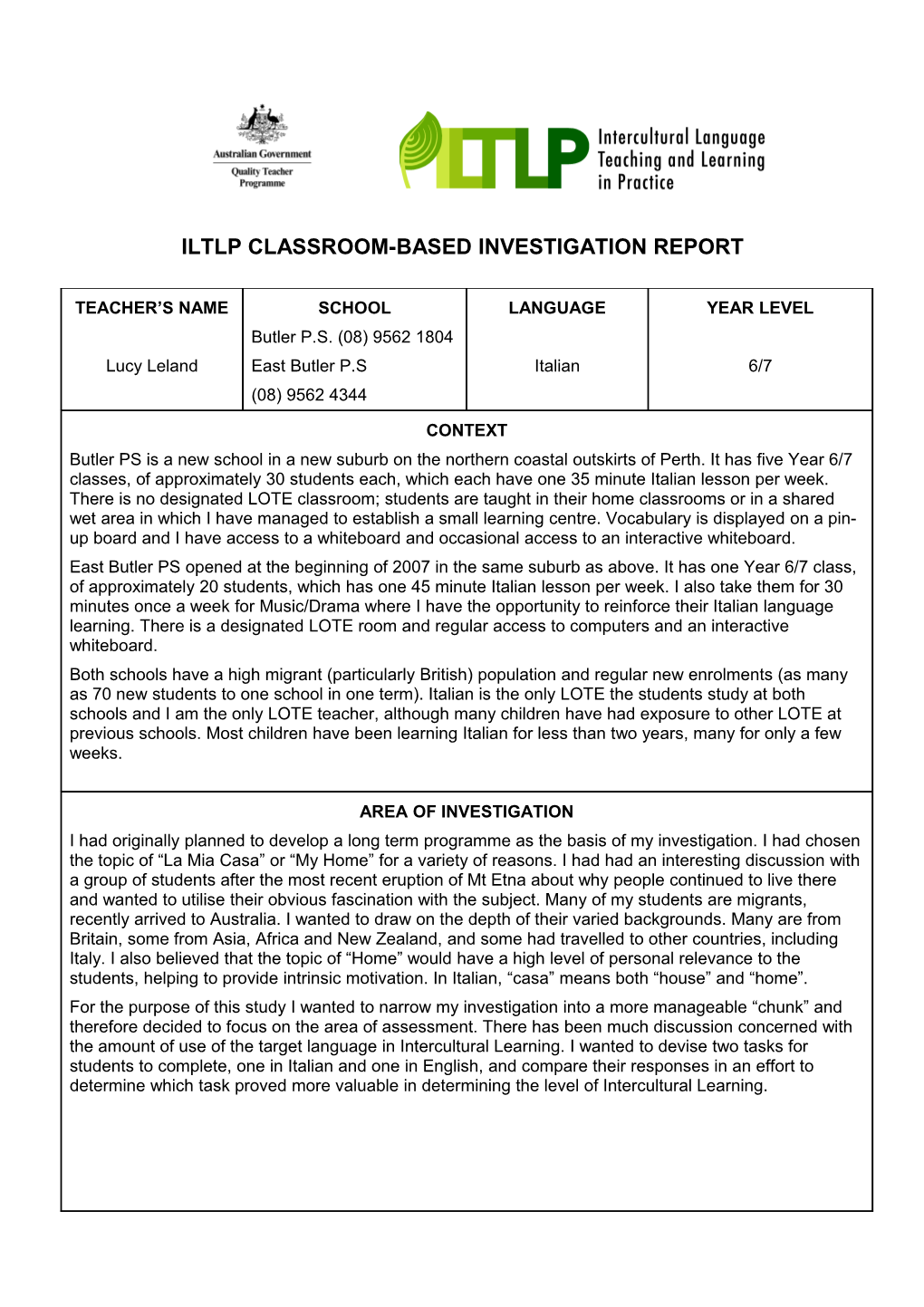 Iltlp Classroom-Based Investigation Report
