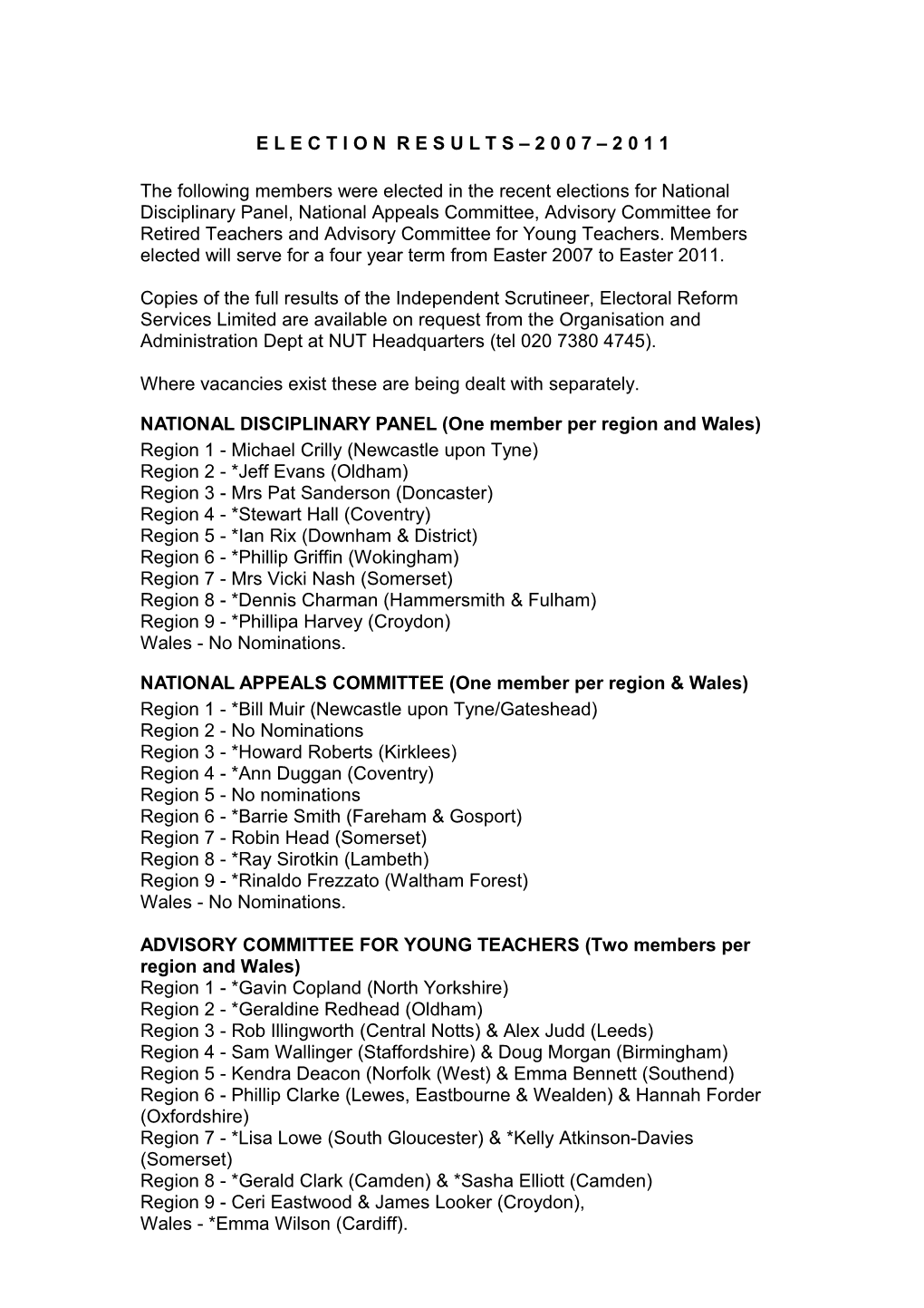 NATIONAL DISCIPLINARY PANEL (One Member Per Region and Wales)