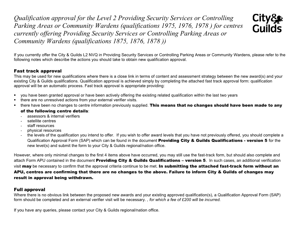 Parking Areas Or Community Wardens (Qualifications 1975, 1976, 1978 ) for Centres