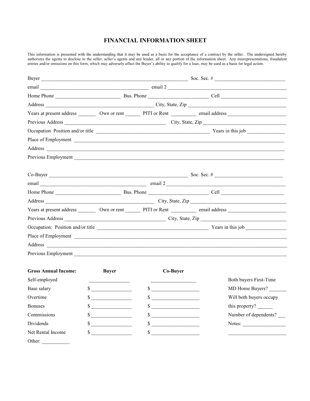 Financial Information Sheet