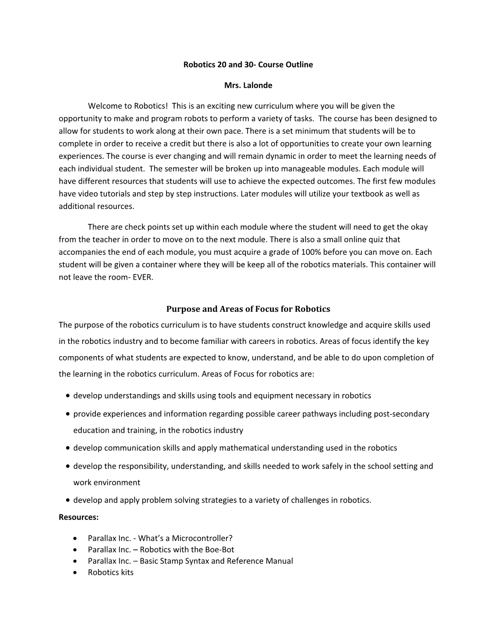 Robotics 20 and 30- Course Outline