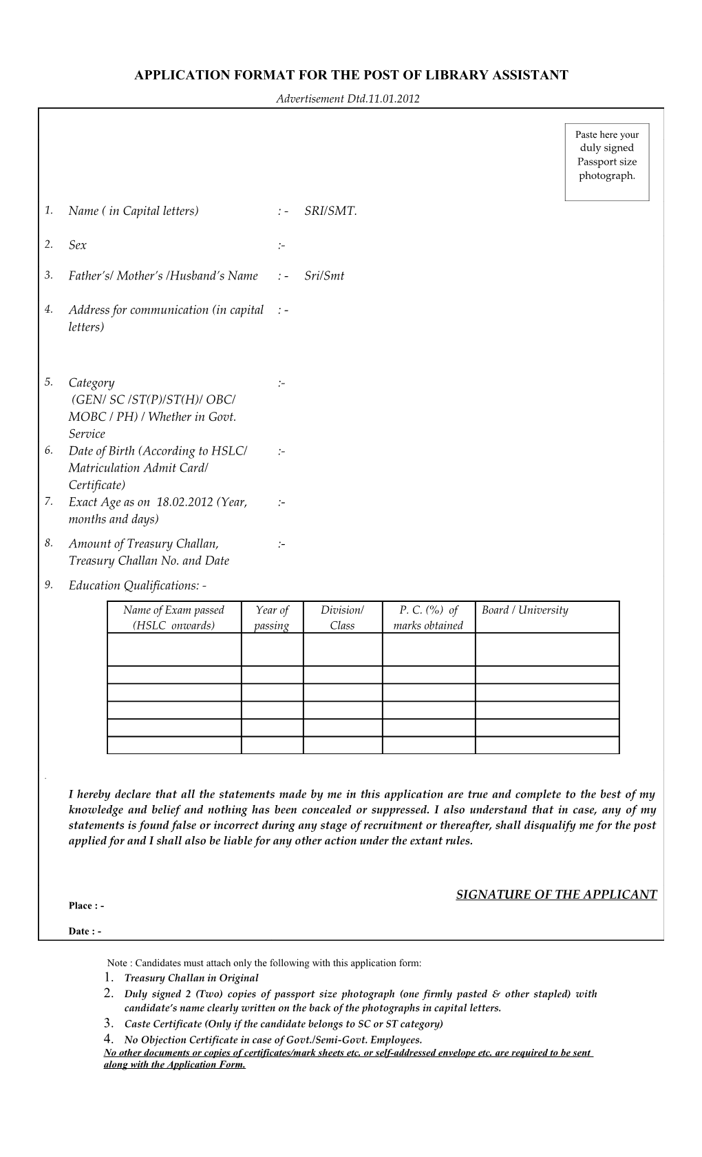 Application Format for the Post of Library Assistant