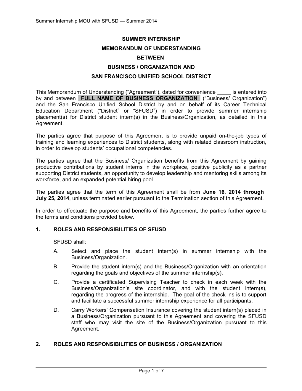 Memorandum of Understanding for Business/Organization Providing Summer Internship Opportunities