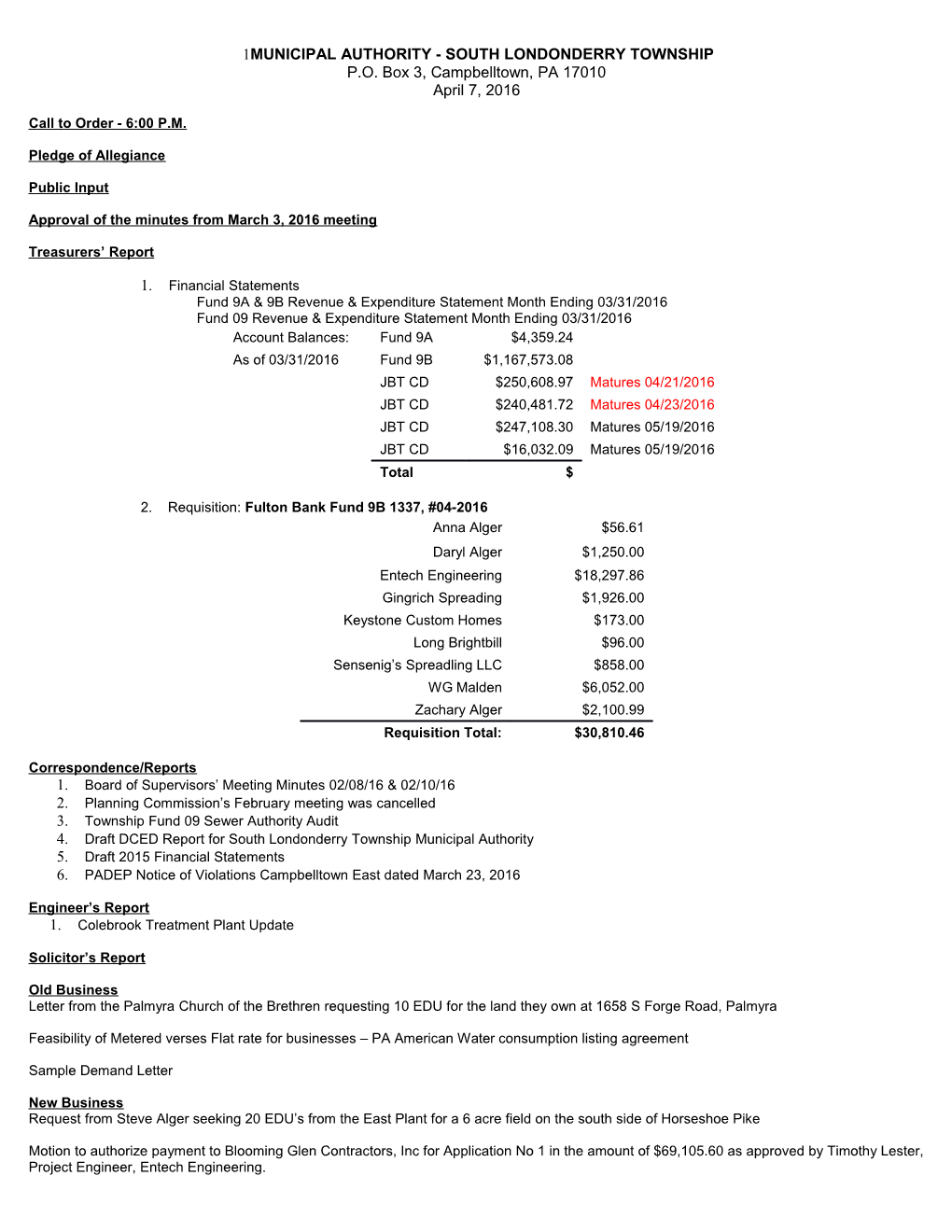 Municipal Authority - South Londonderry Township