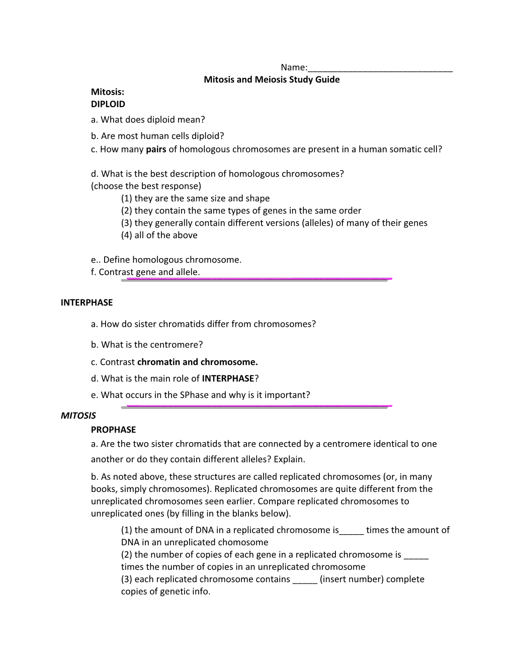 Mitosis and Meiosis Study Guide