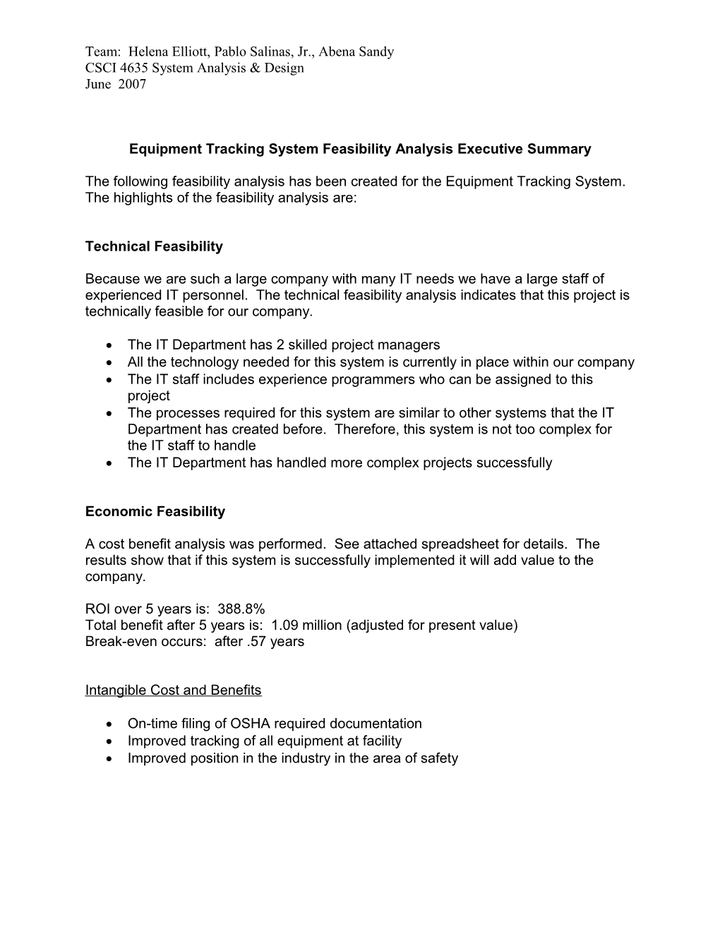 Equipment Tracking System Feasibility Analysis Executive Summary