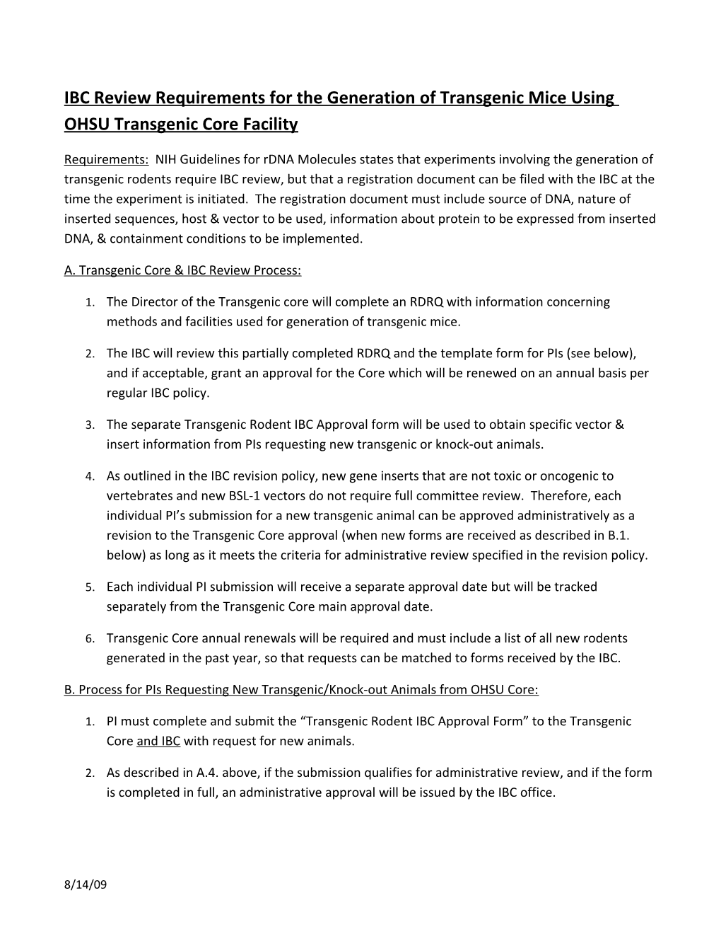 IBC Review Requirements for the Generation of Transgenic Mice Using OHSU Transgenic Core