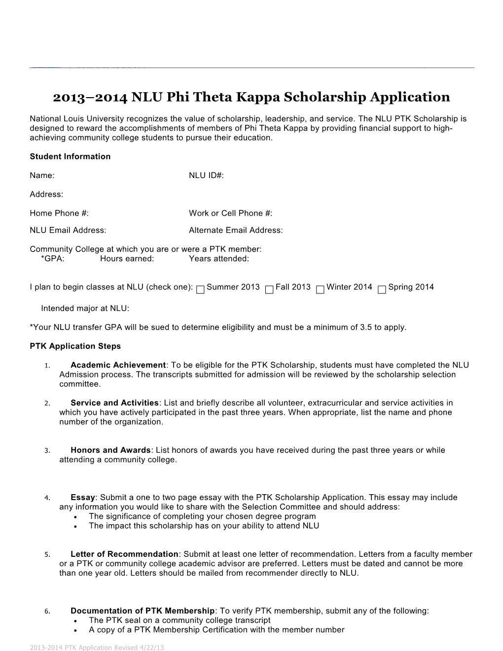 2013 2014 NLU Phi Theta Kappa Scholarship Application