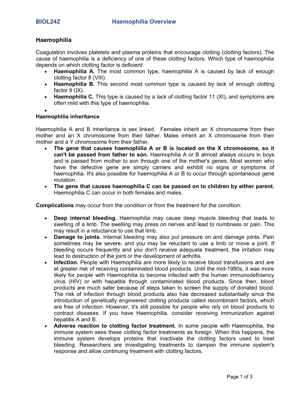 BIOL242 Haemophilia Overview