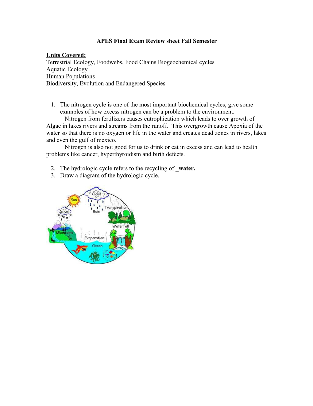 APES Final Exam Review Sheet Fall Semester 2009