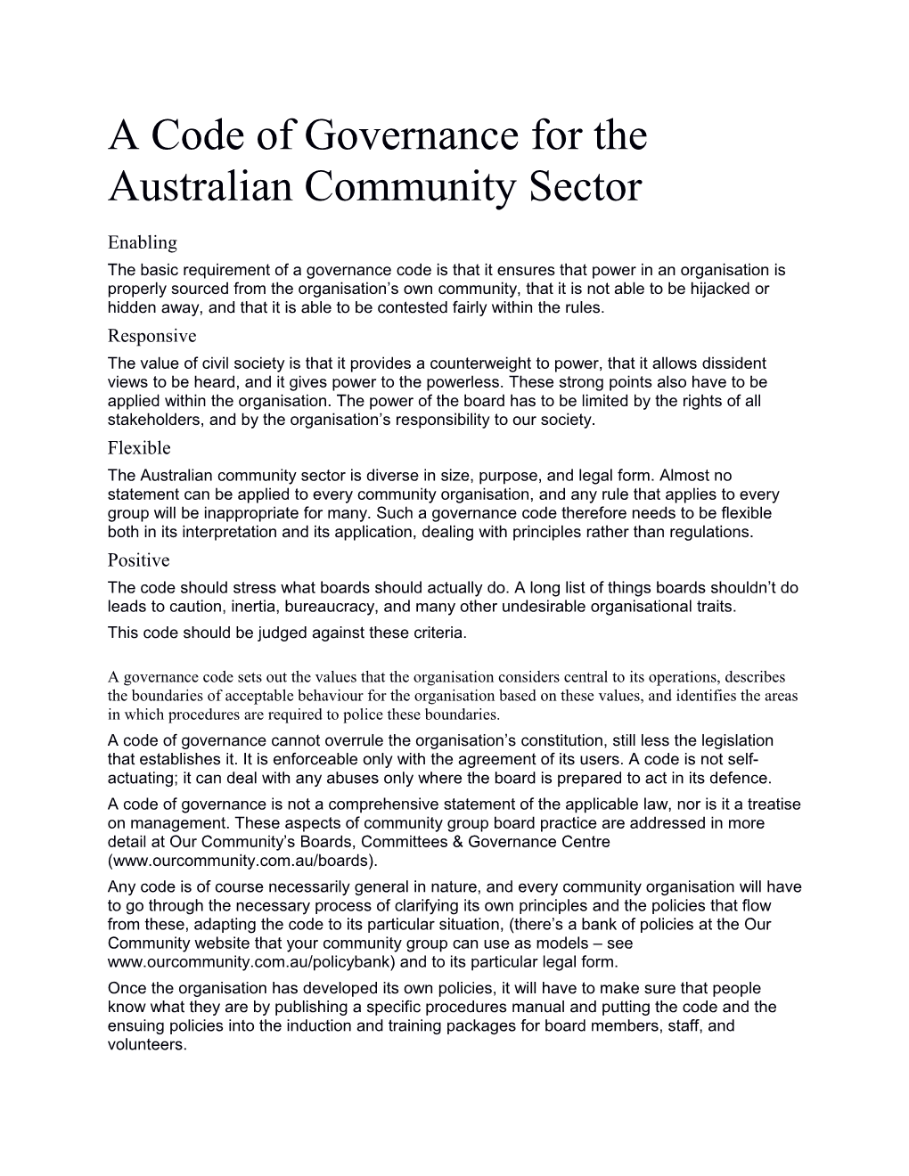 A Code of Governance for the Australian Community Sector