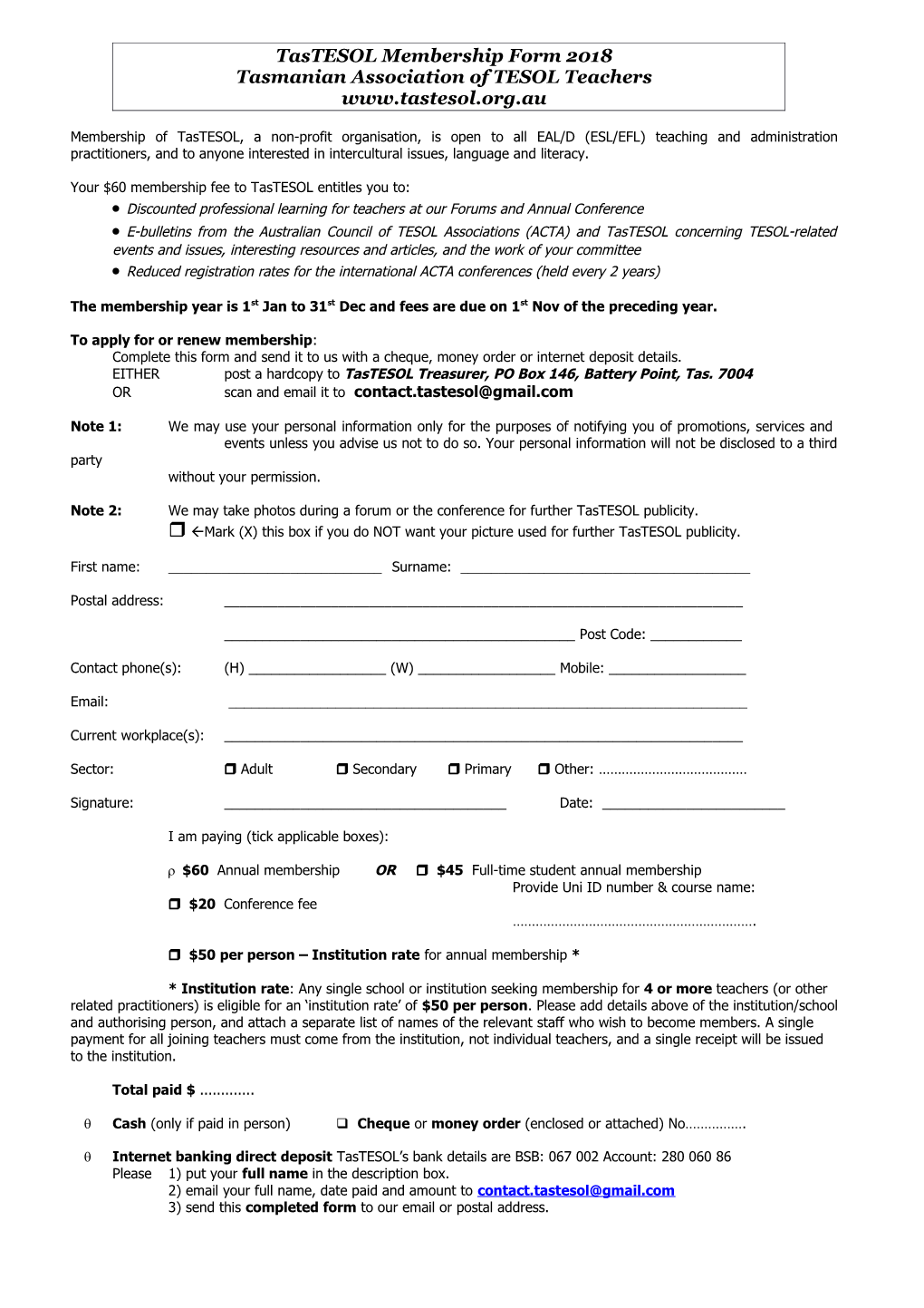 Membership of Tastesol, a Non-Profit Organisation, Is Open to All EAL/D (ESL/EFL) Teaching