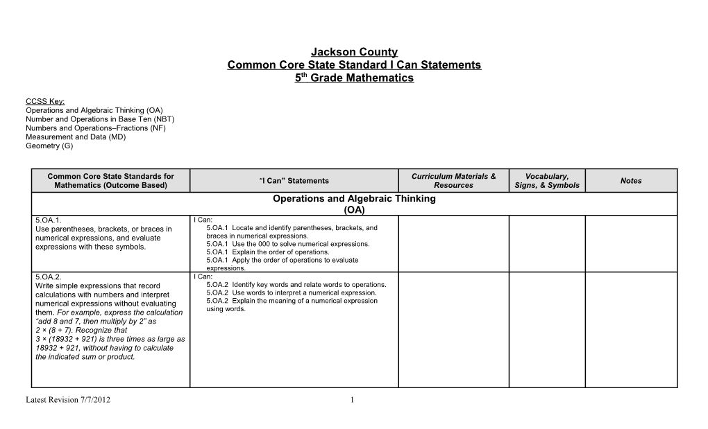 Common Core State Standard I Can Statements