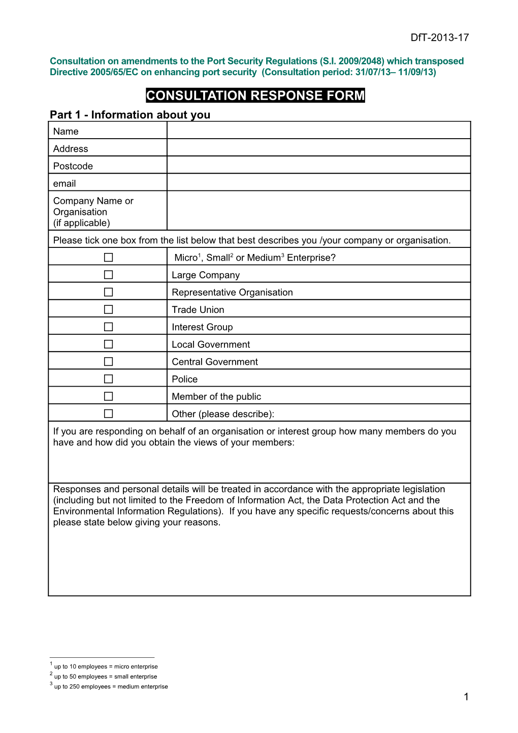 Port Security Regulation 2009 Consultation Response Form