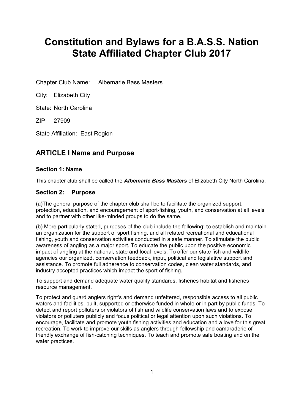 Constitution and Bylaws for a B.A.S.S. Nation State Affiliated Chapter Club 2017