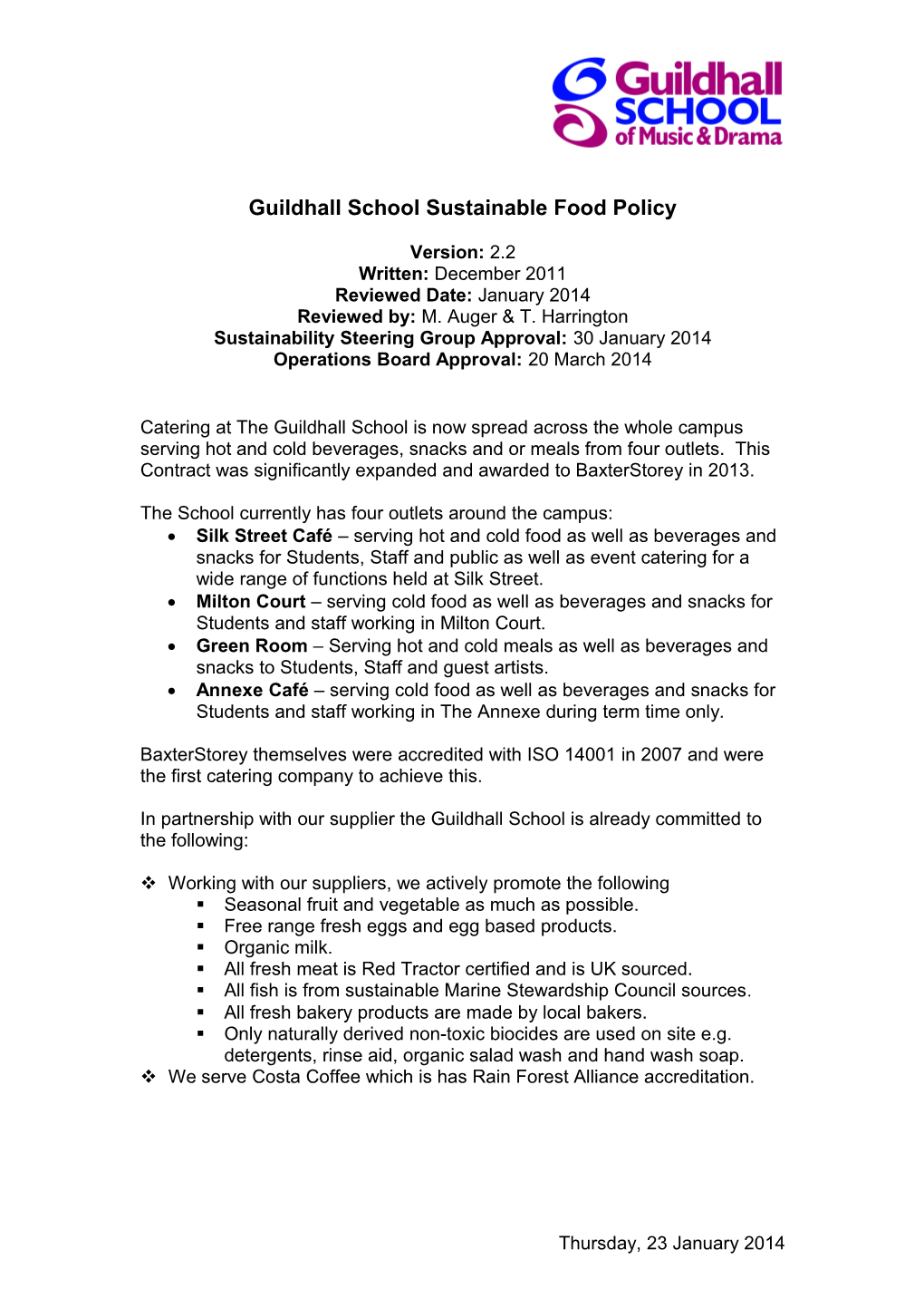 Guildhall School Sustainable Food Policy