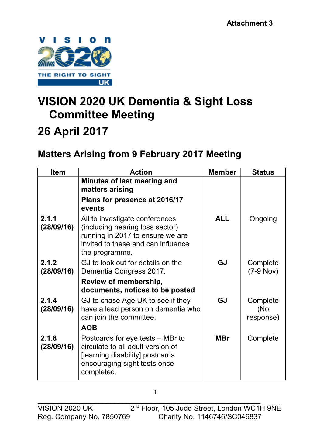 VISION 2020 UK Dementia & Sight Loss Committee Meeting