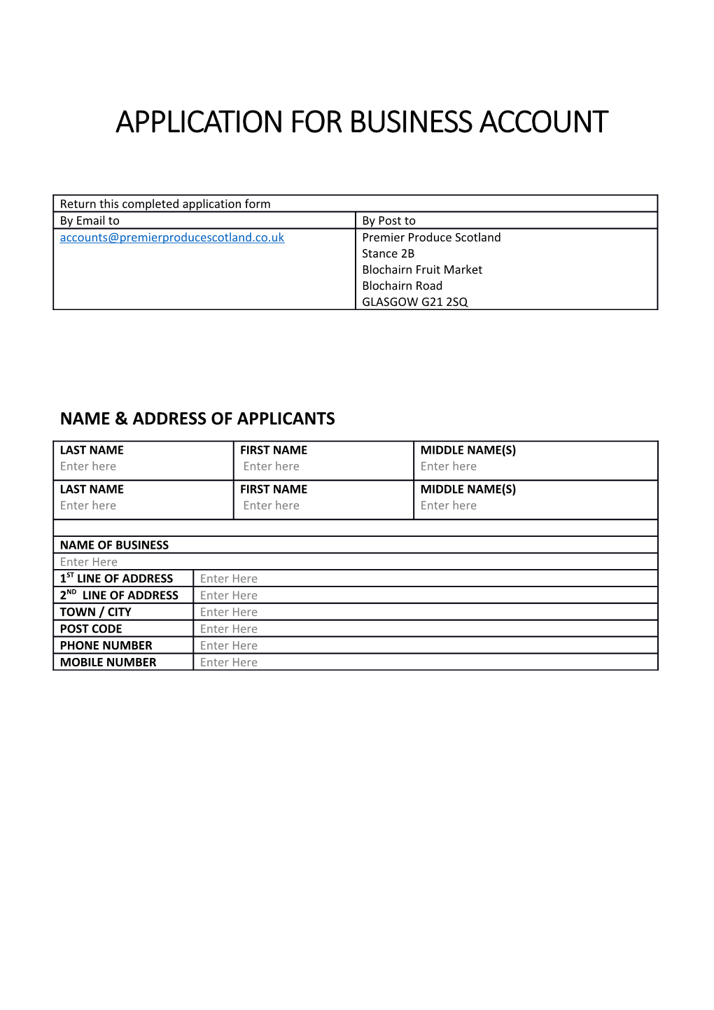 Application for Business Account