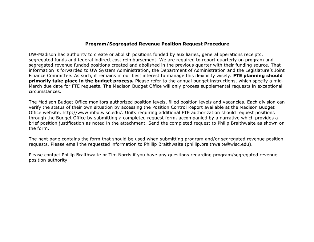 Program/Segregated Revenue Position Request Procedure