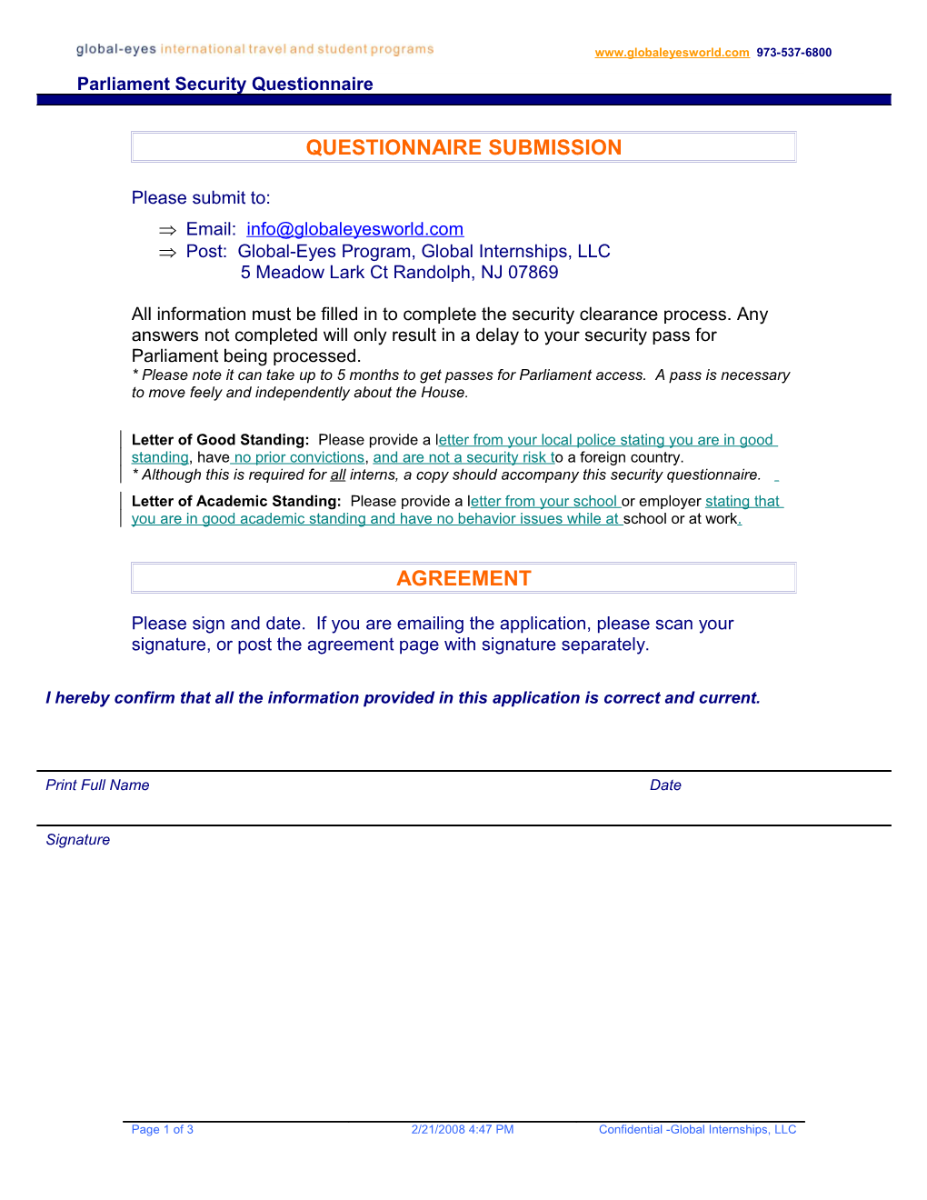 Parliament Security Questionnaire