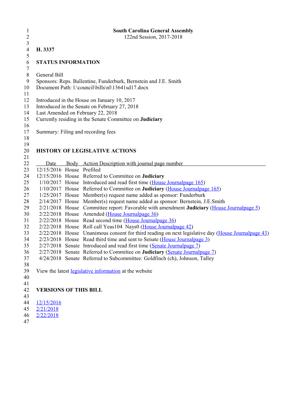 2017-2018 Bill 3337: Filing and Recording Fees - South Carolina Legislature Online