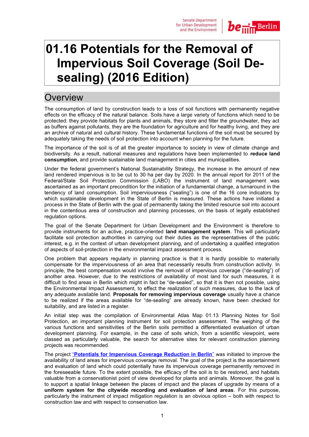 01.16 Potentials for the Removal of Impervious Soil Coverage (Soil Desealing) (2016 Edition)