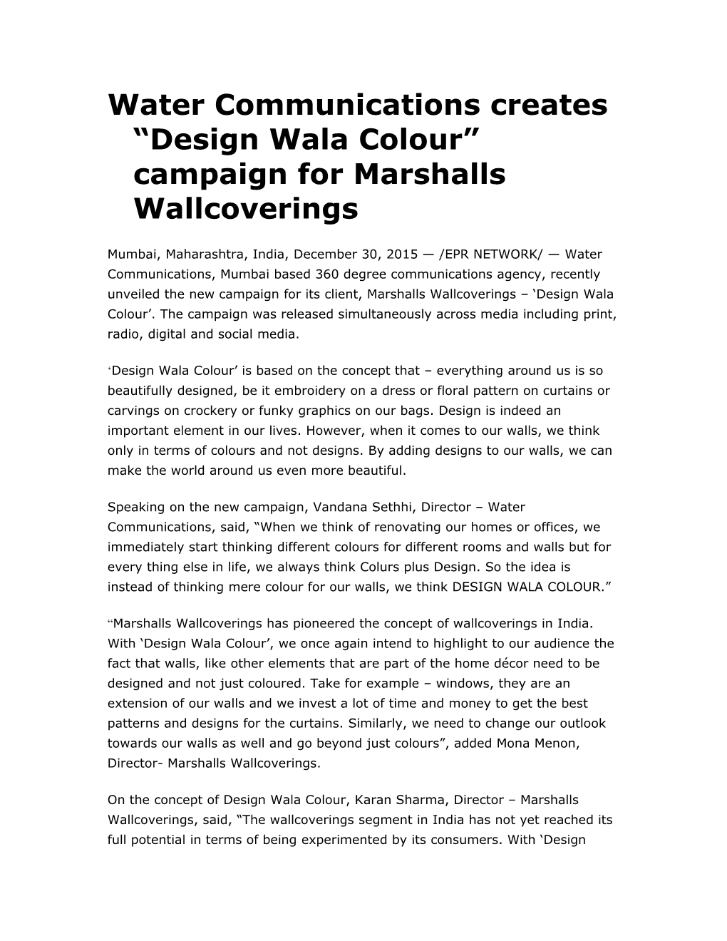 Water Communications Creates Design Wala Colour Campaign for Marshalls Wallcoverings