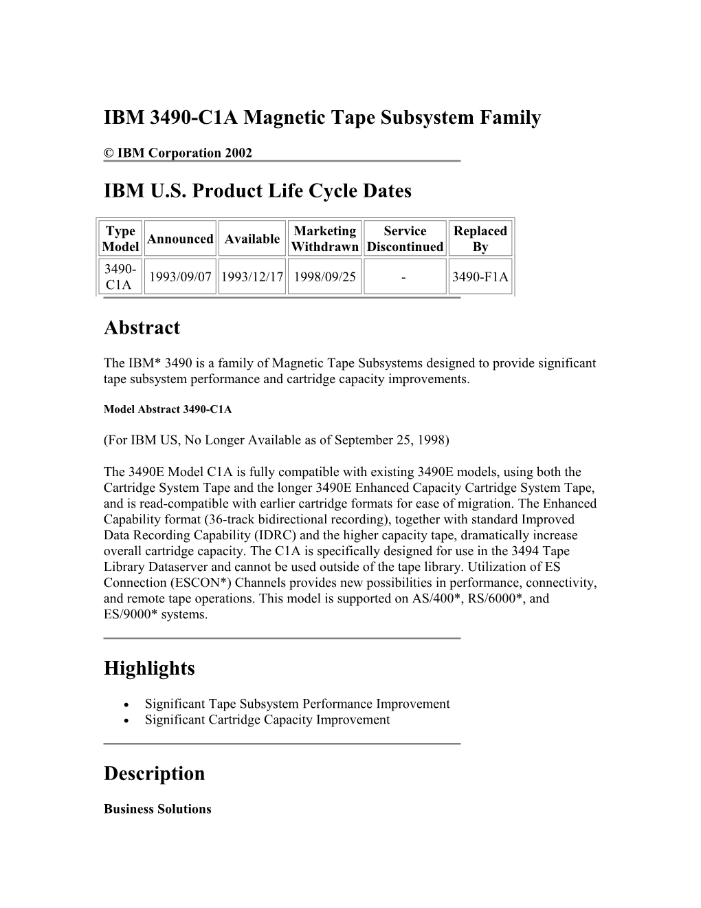 IBM 3490-C1A Magnetic Tape Subsystem Family