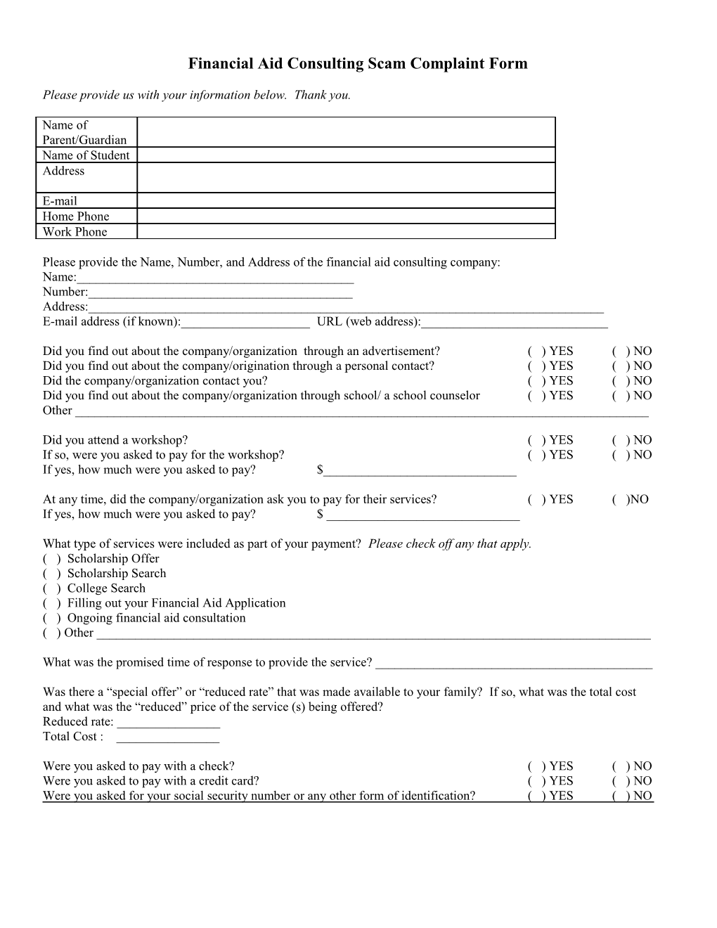 Financial Aid Consulting Scam Complaint Form