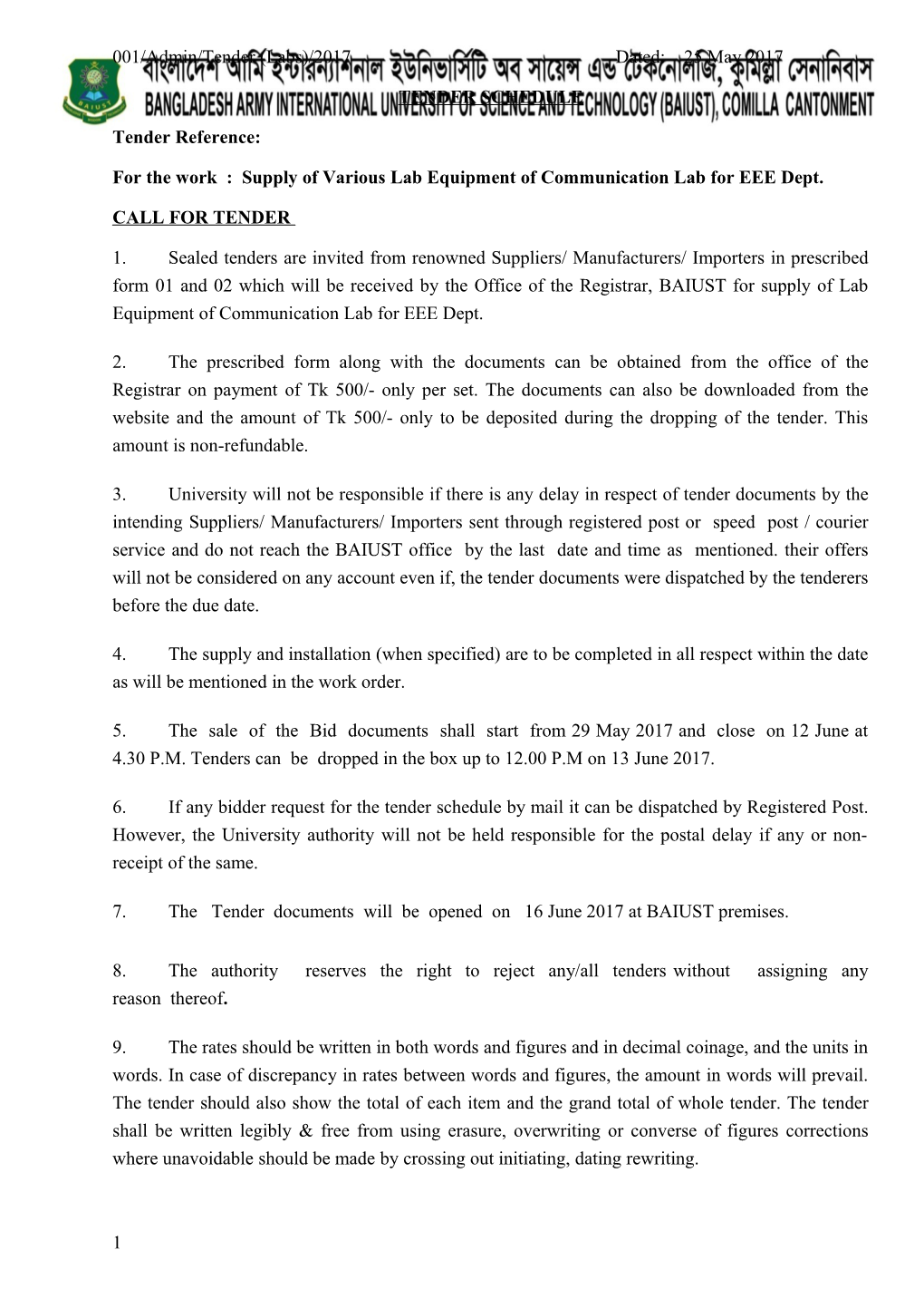 For the Work : Supply of Various Lab Equipment of Communication Lab for EEE Dept