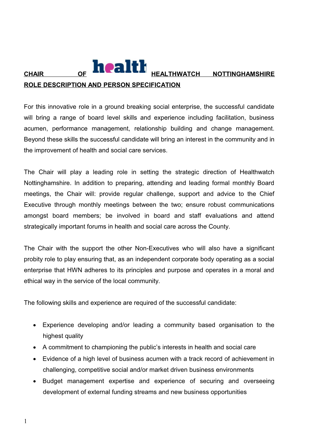 Chair of Healthwatch Nottinghamshire Role Description and Person Specification