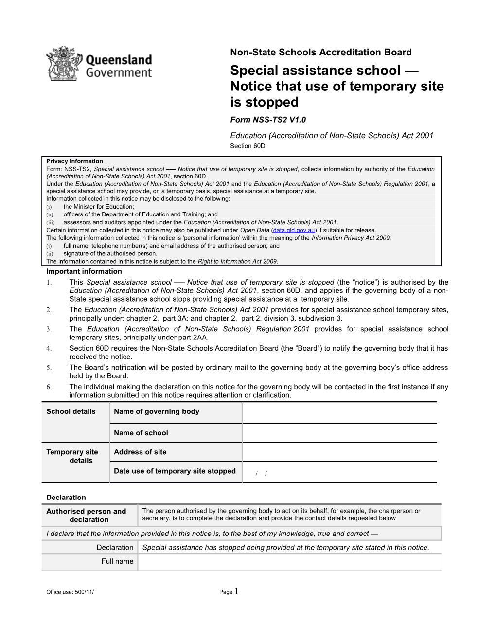 Special Assistance School Notice That Use of Temporary Siteis Stopped