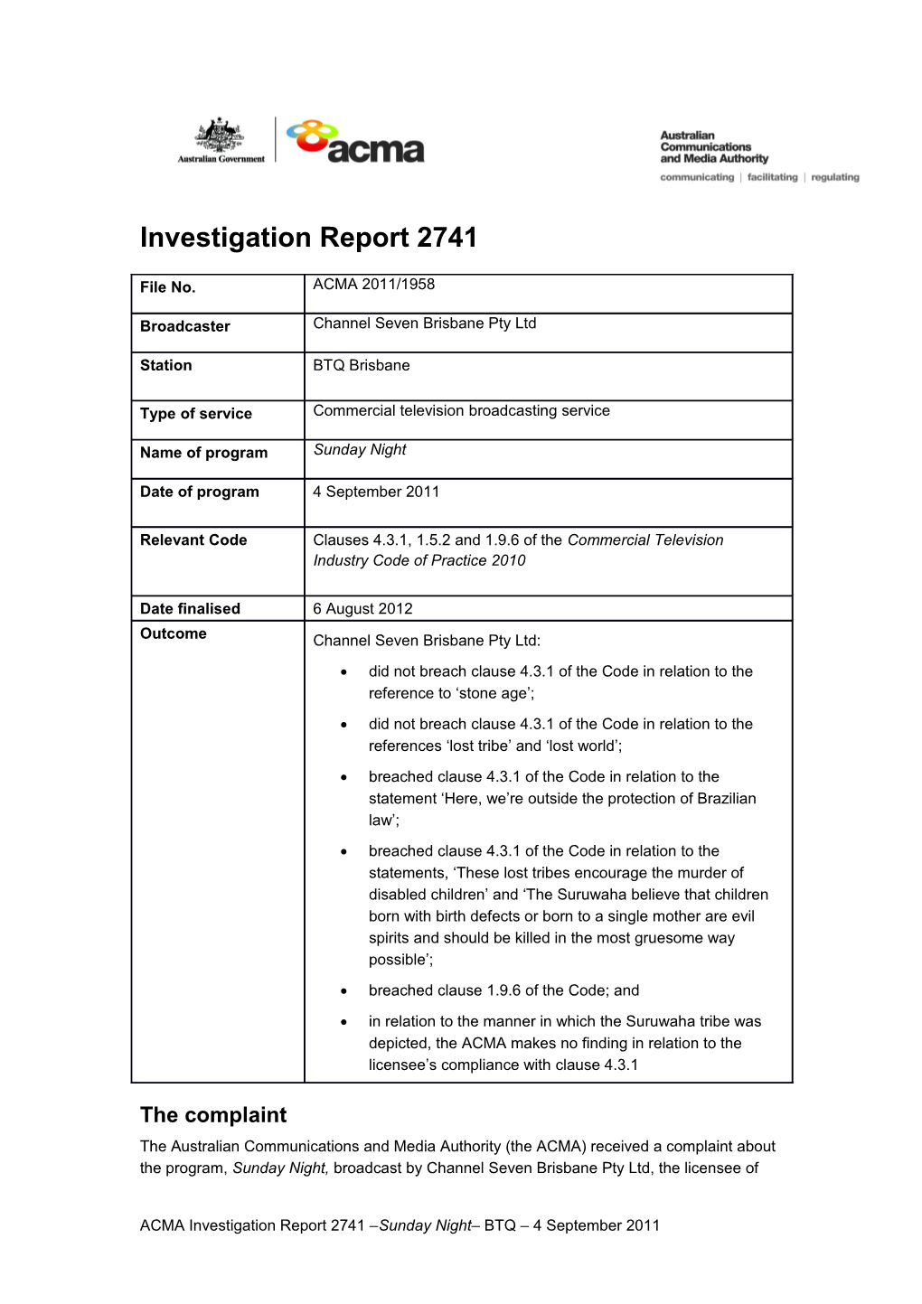 Investigation Report 2741