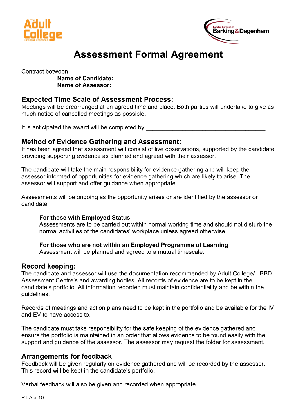 Assessment Formal Agreement