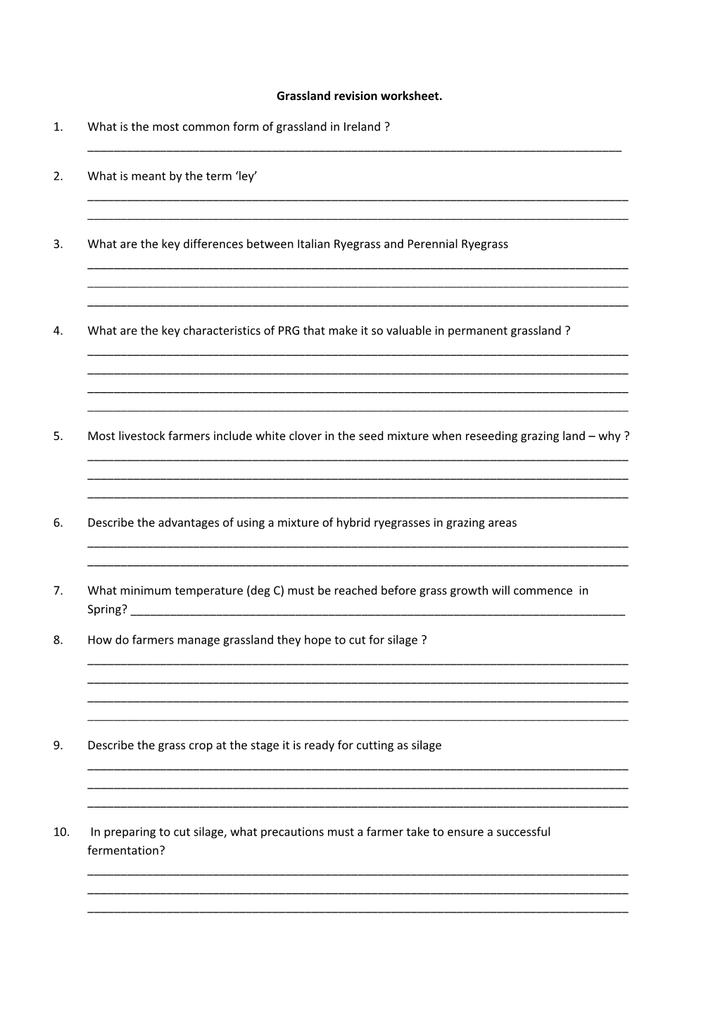 Grassland Revision Worksheet