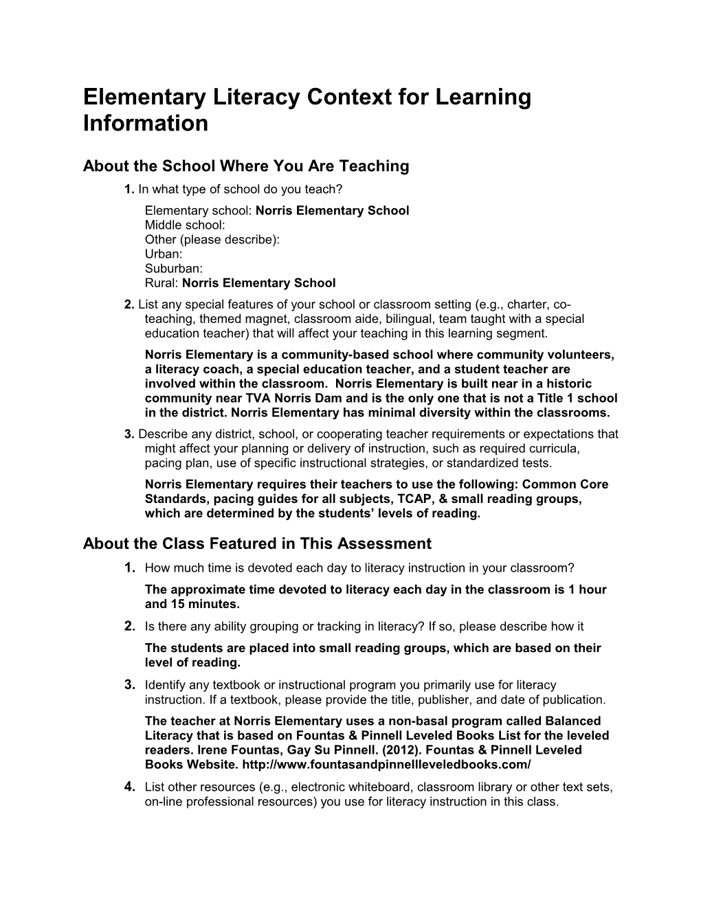 Elementary Literacy Context for Learning Information