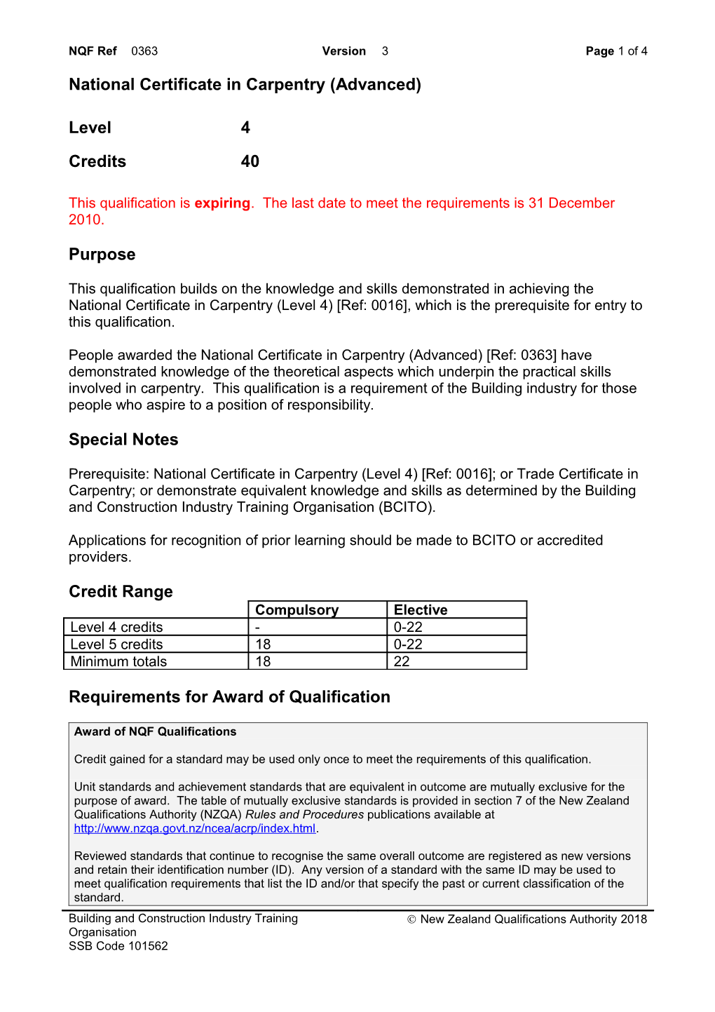 0363 National Certificate in Carpentry (Advanced)