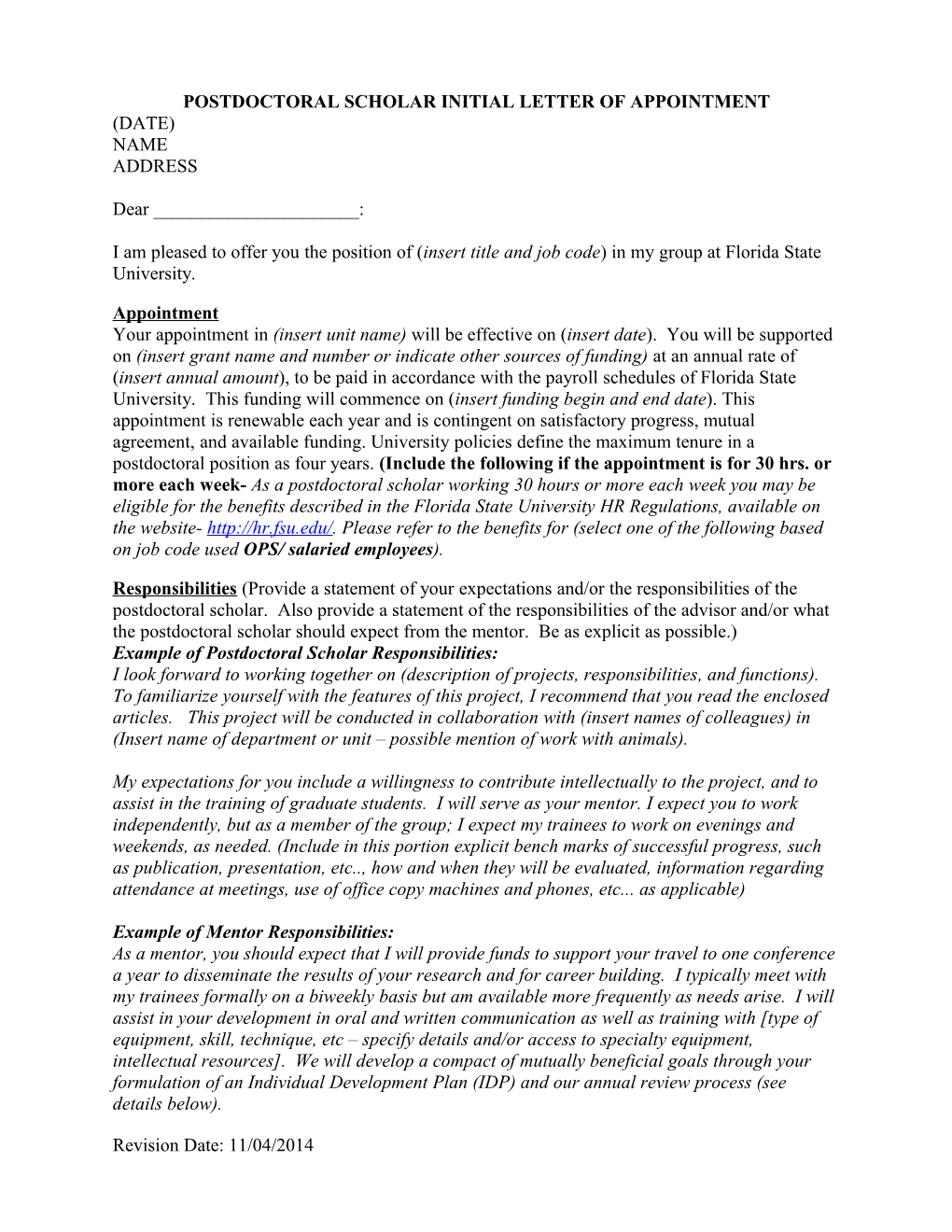 Postdoctoral Scholar Initial Letter of Appointment