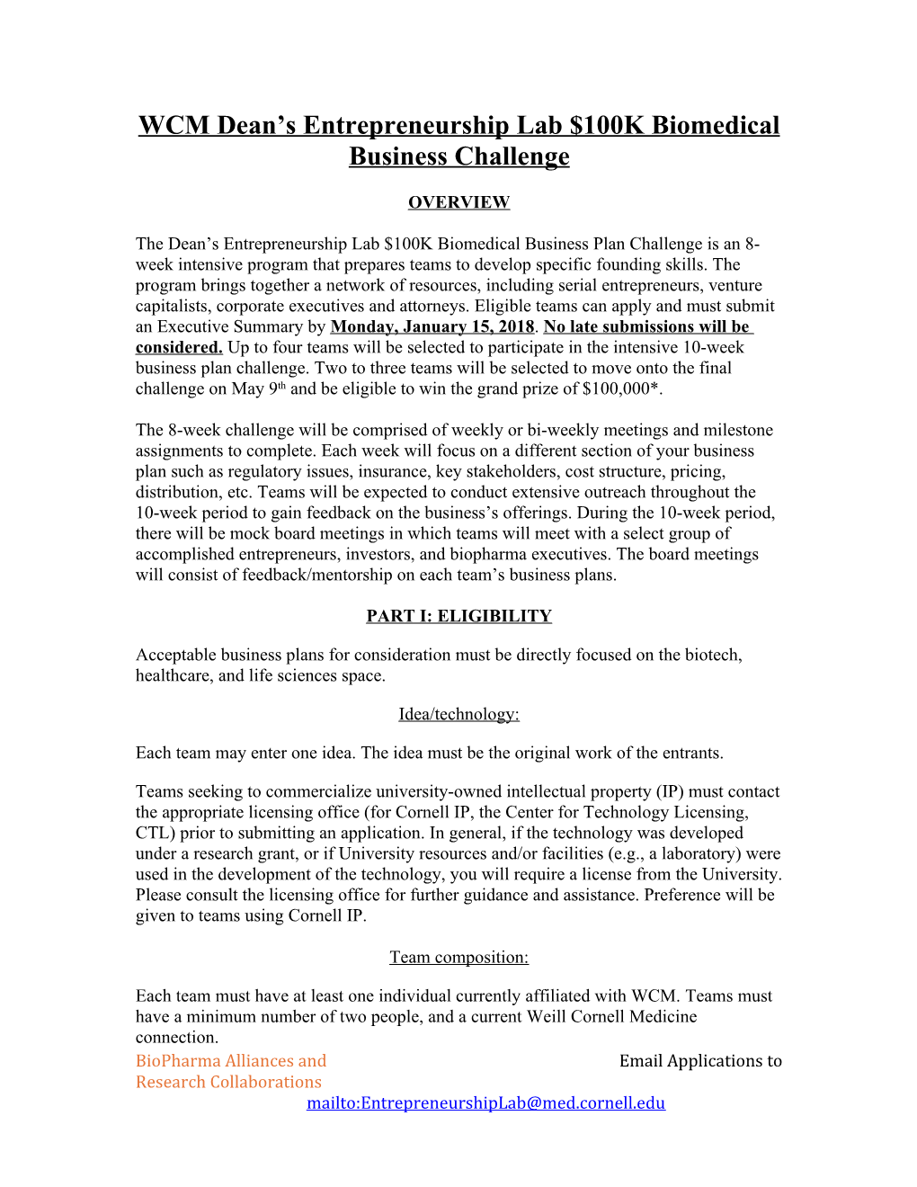 WCM Dean S Entrepreneurship Lab $100K Biomedical Business Challenge