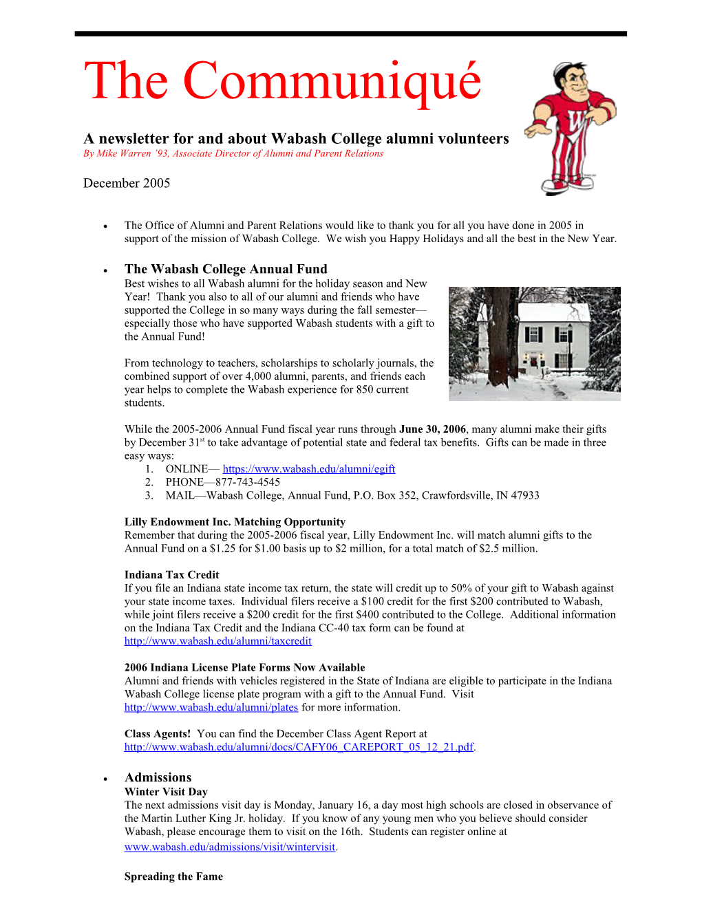 A Newsletter for and About Wabash College Alumni Volunteers