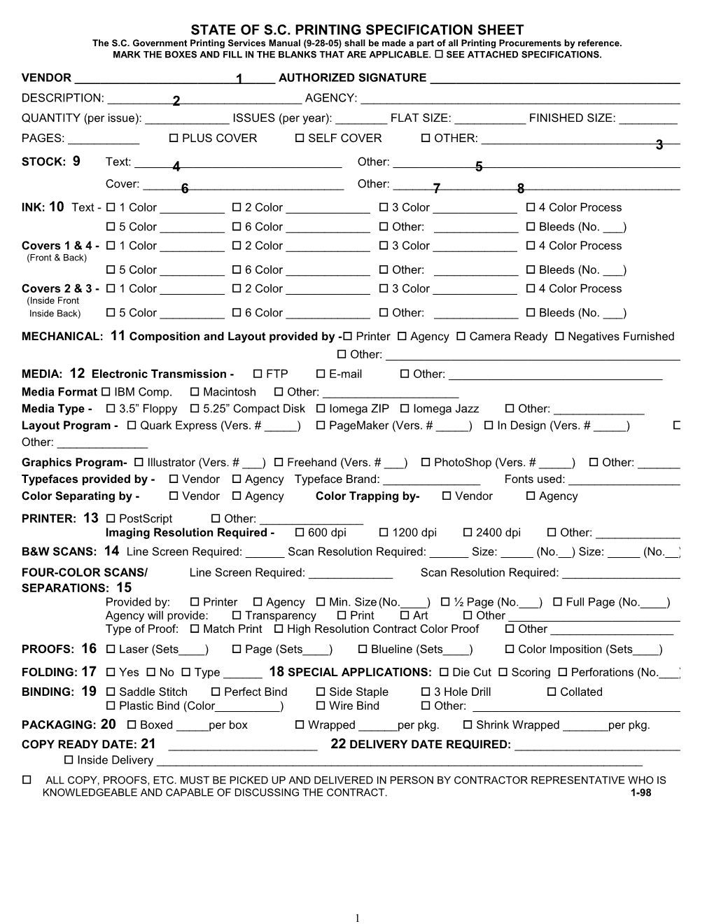 The S.C. Government Printing Services Manual (9-28-05) Shall Be Made a Part of All Printing